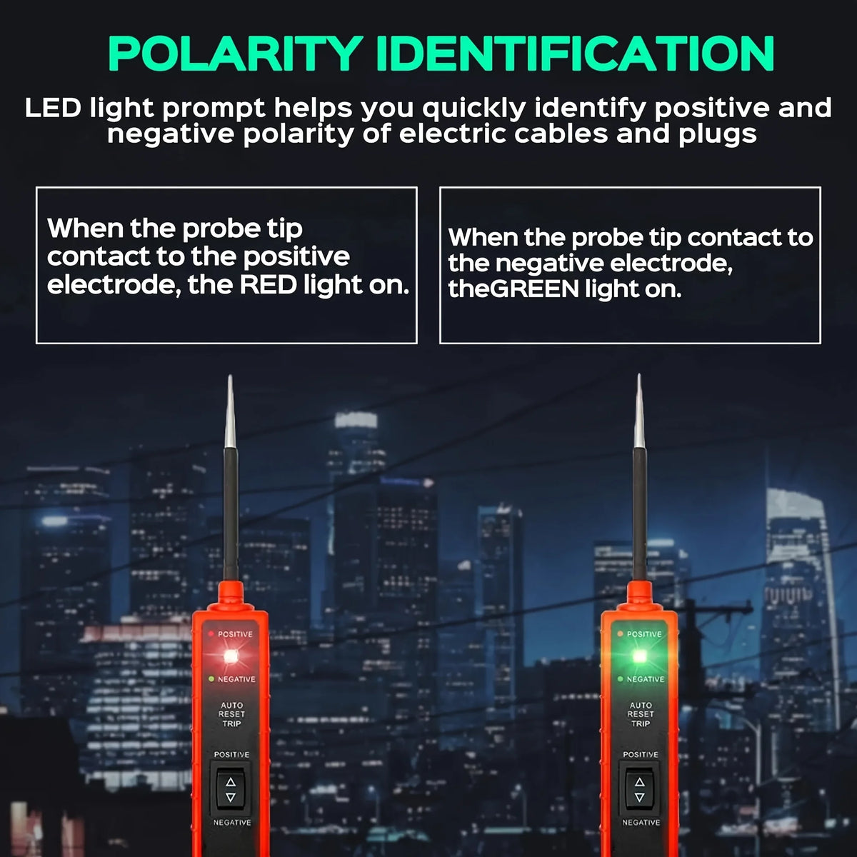 An LED light polarity identification probe with red and green lights shown against a city skyline.
