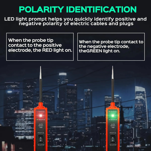 An LED light polarity identification probe with red and green lights shown against a city skyline.