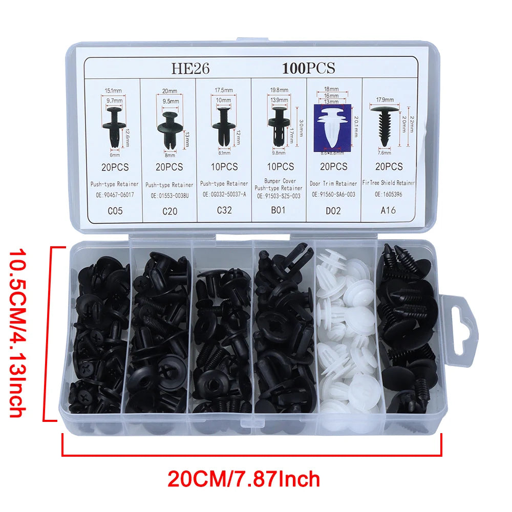 A set of HE26 universal auto fastener clips for trim and body repair, packaged in a clear plastic container.