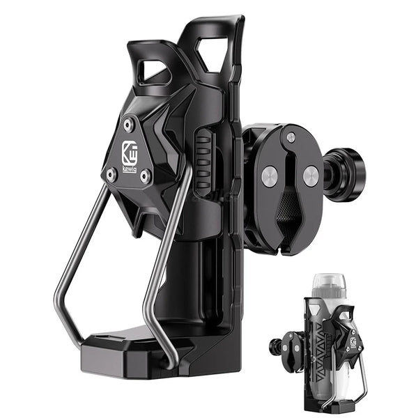 Sujetador de bebidas para motocicleta adaptativo negro con tubo de metal flexible y mecanismo de abrazadera.