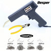 A Besper plastic welding gun and pliers kit with various wire materials shown on a white background.