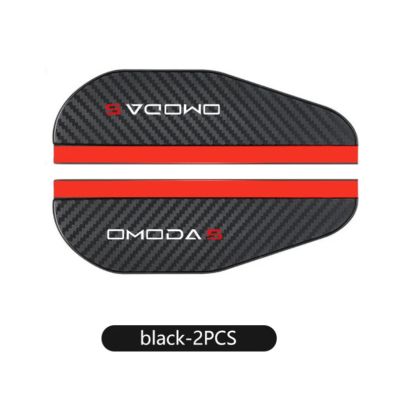 A set of two black carbon fiber rearview mirror rain guards.