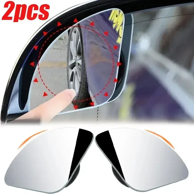 Two pair of dual adjustable wide angle blind spot mirrors for vehicles shown in various angles