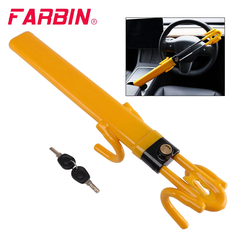 Yellow heavy duty adjustable steering wheel lock tool with a black and yellow handle and a detachable key.