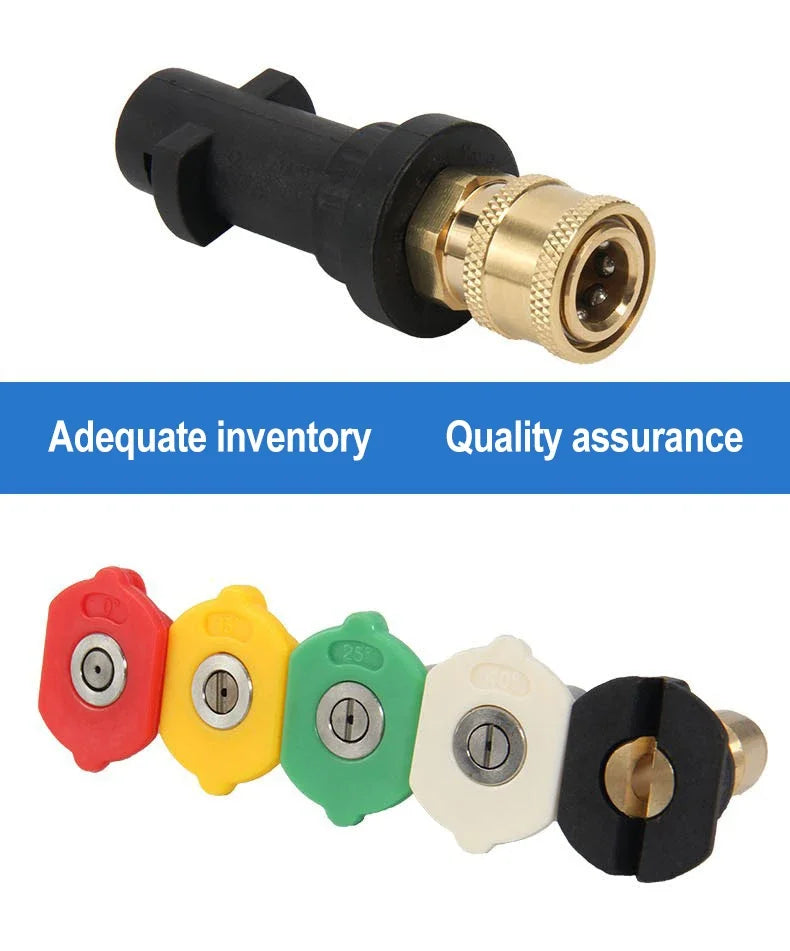 A set of multi-color car washing nozzle accessories in various plastic and metal colors.