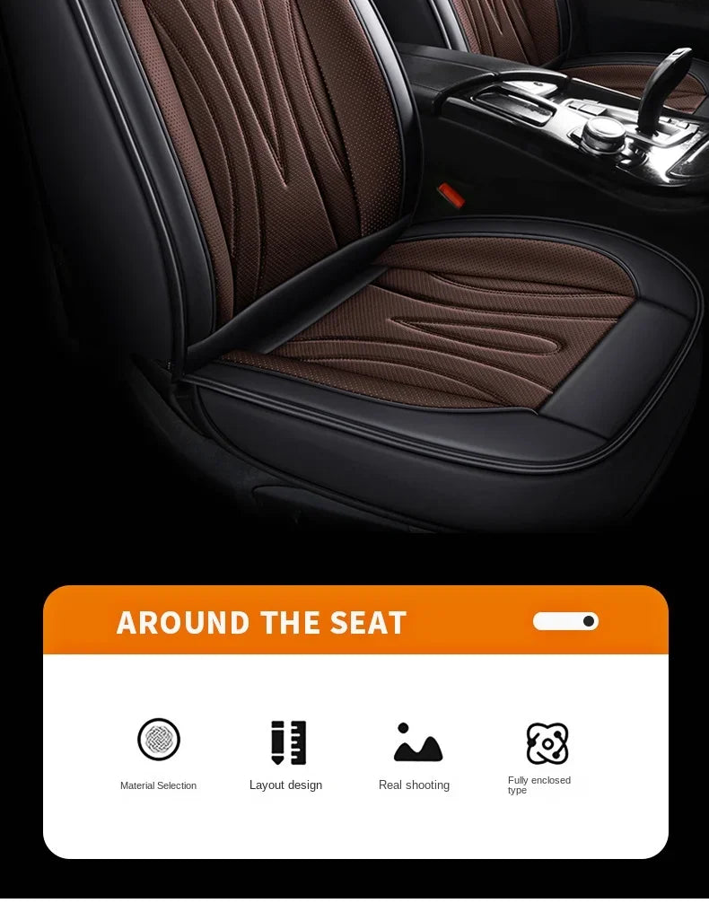 Close-up view of a black car seat with brown quilted PU leather covers, showing various design features.