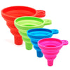 A set of colorful silicone funnels in red, green, blue, and pink for engine fluids.