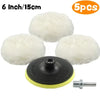 Five white wool polishing pads and a mounting screw for auto detailing