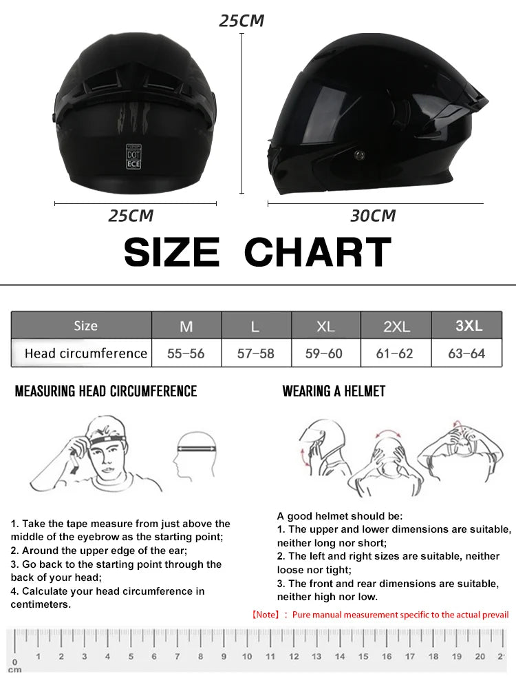 Tableau des tailles pour casque moto modulaire DOT, affichant les mesures de la circonférence de la tête et les dimensions du