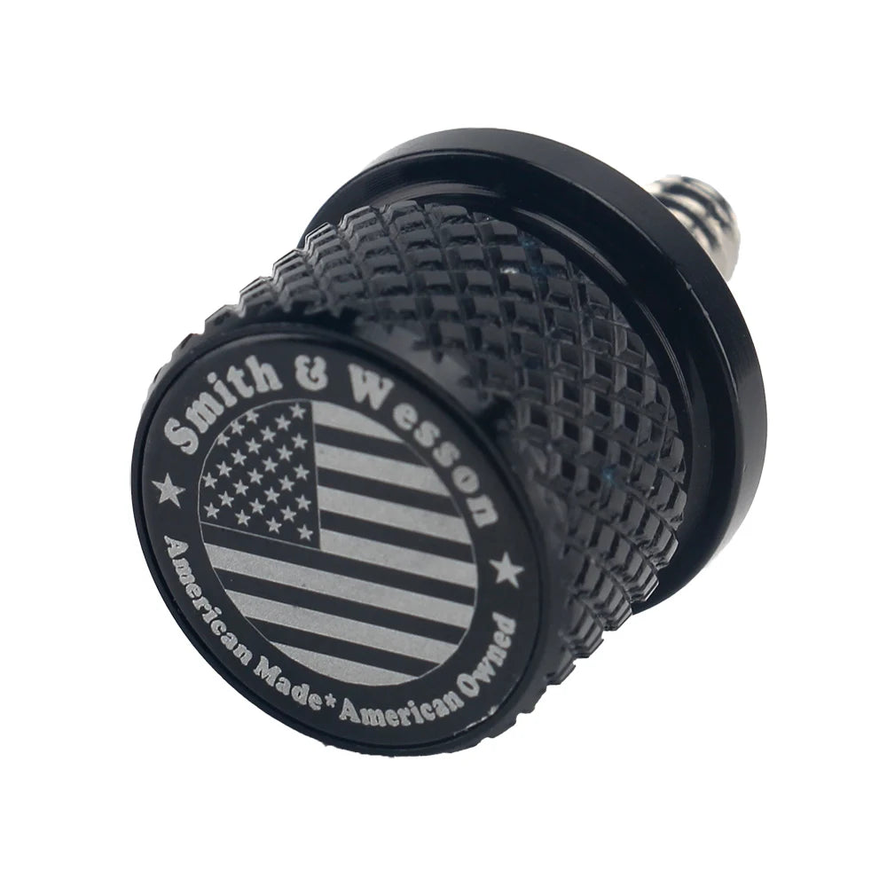 Black Smith & Wesson aftermarket motorcycle seat and fender bolts with an American Made American Owned emblem