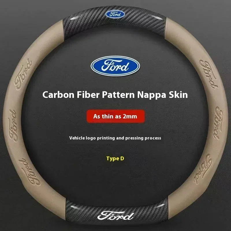 A brown carbon fiber patterned nappa skin steering wheel cover for a Ford vehicle.