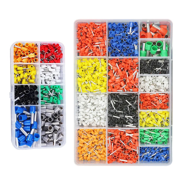 A plastic container holding various colored tube crimping terminals and connectors for electrical connections