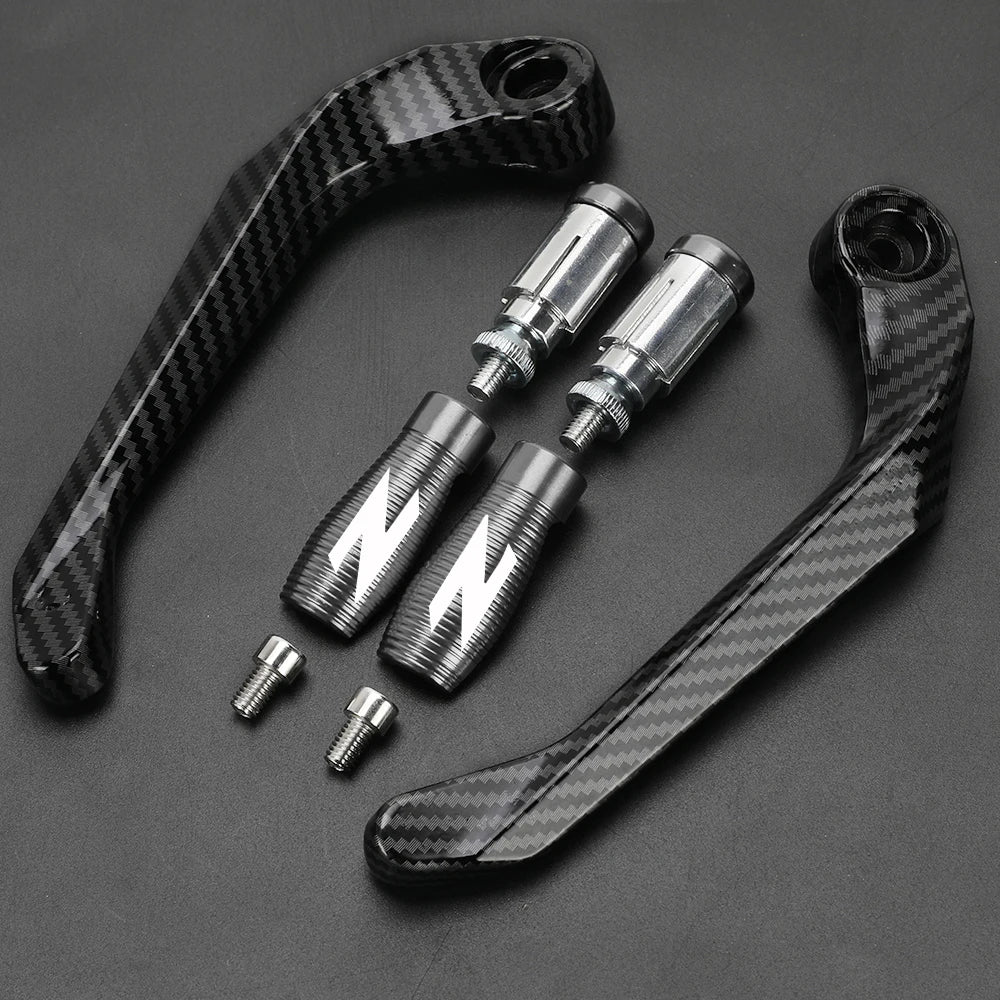 A set of motorcycle lever and handguard protectors made of carbon fiber with chrome fittings.
