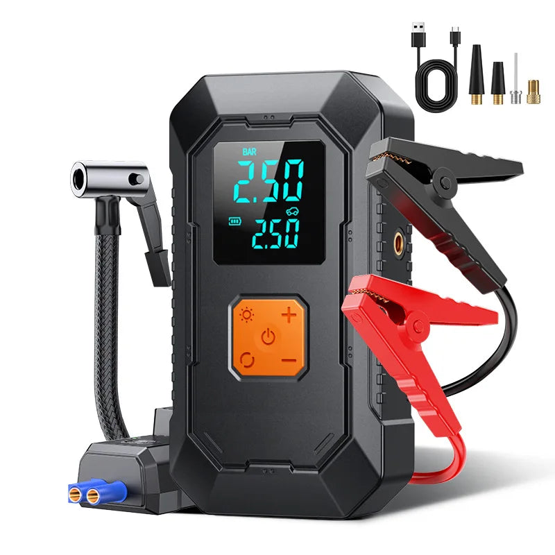 A black portable car emergency air pump device with a digital display and various nozzles is shown.