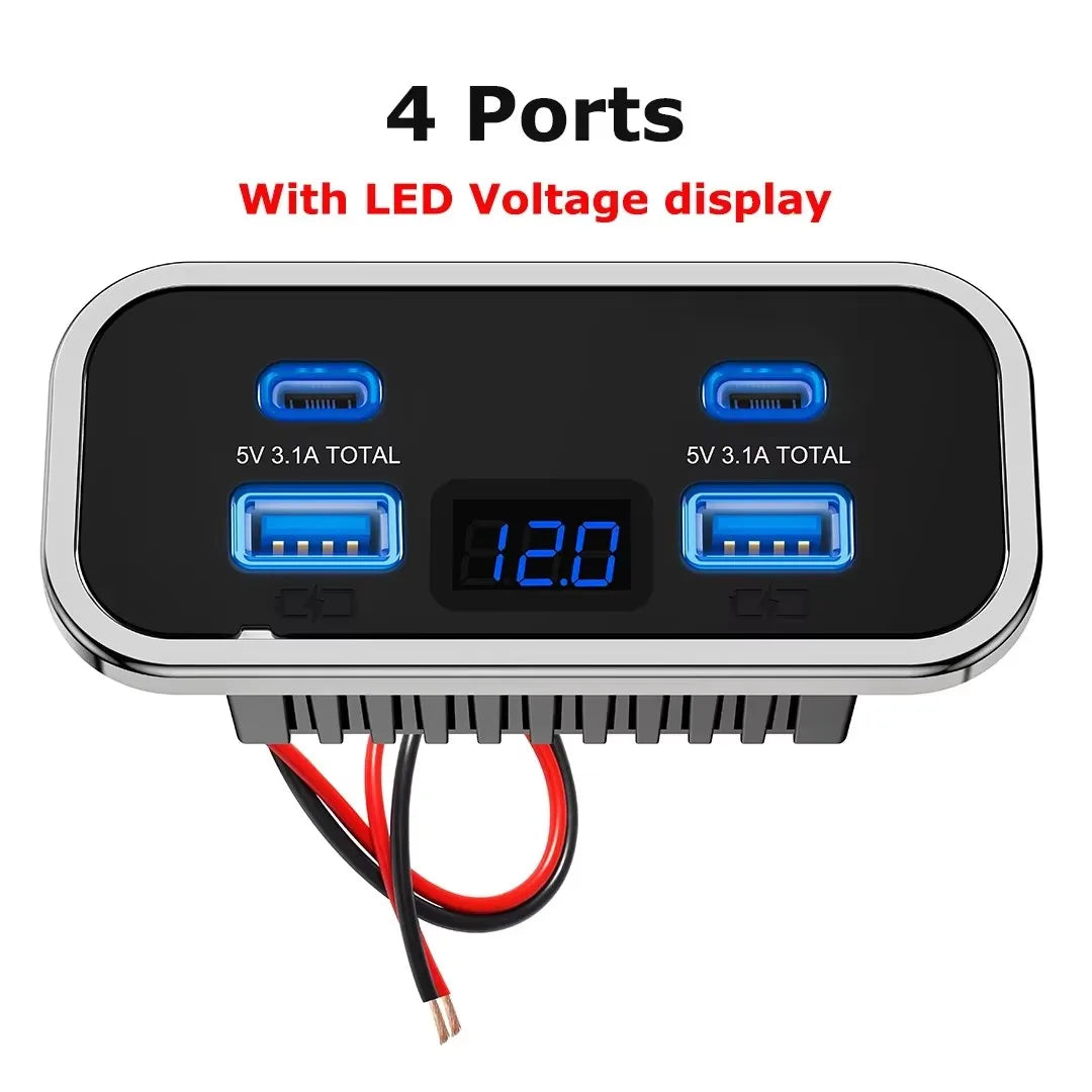 A black charger panel with four ports and an LED voltage display, featuring dual 5V 3.1A outputs.