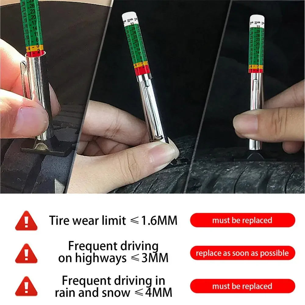 A precision tire tread depth gauge is shown measuring tire wear limits, with warnings for various driving conditions.