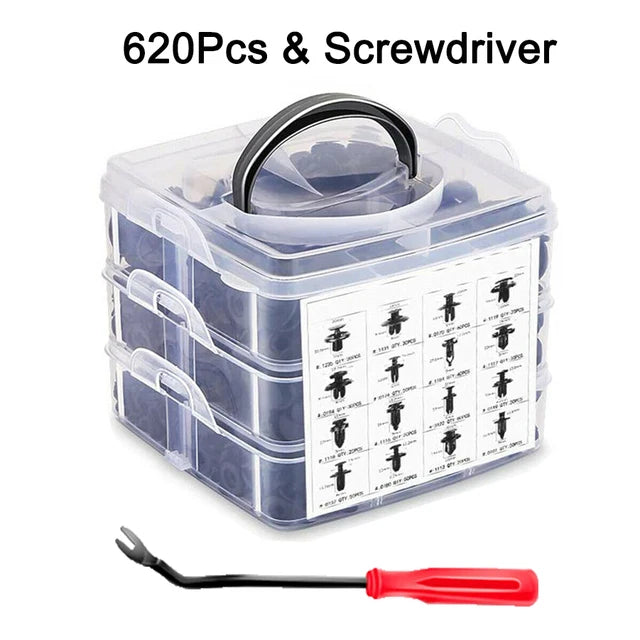 A clear plastic box containing 620 pieces of screwdriver clips and a red screwdriver tool.