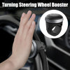 A hand is shown interacting with a steering wheel booster knob designed to enhance steering wheel turning.