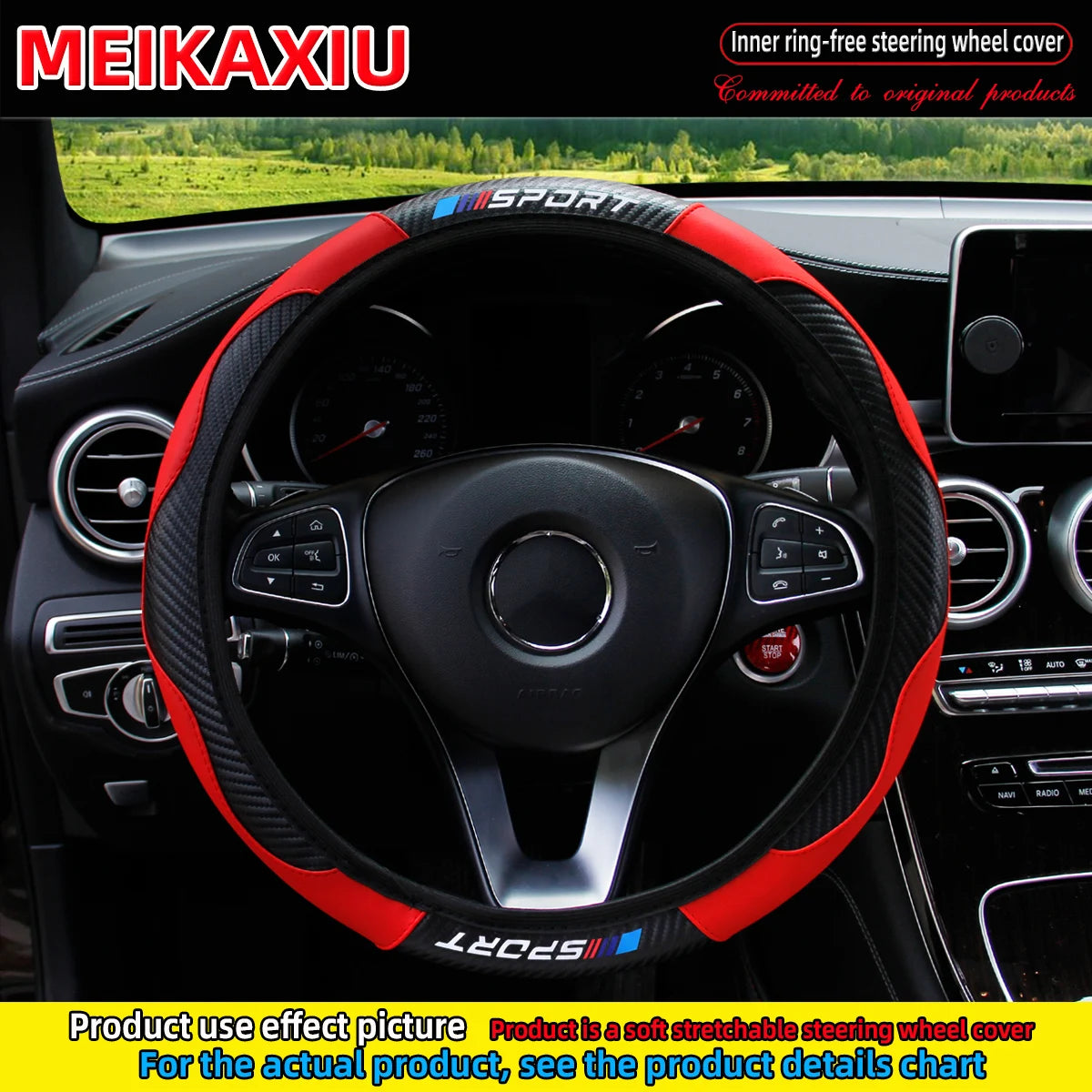 A black steering wheel with a red and black carbon fiber cover installed in a car interior.
