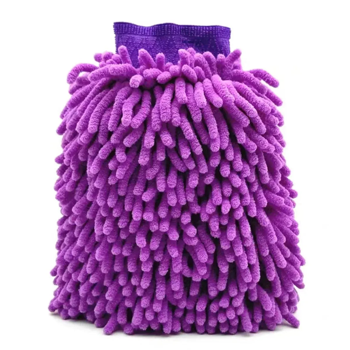 Purple double-sided microfiber car wash mitt with a purple strap