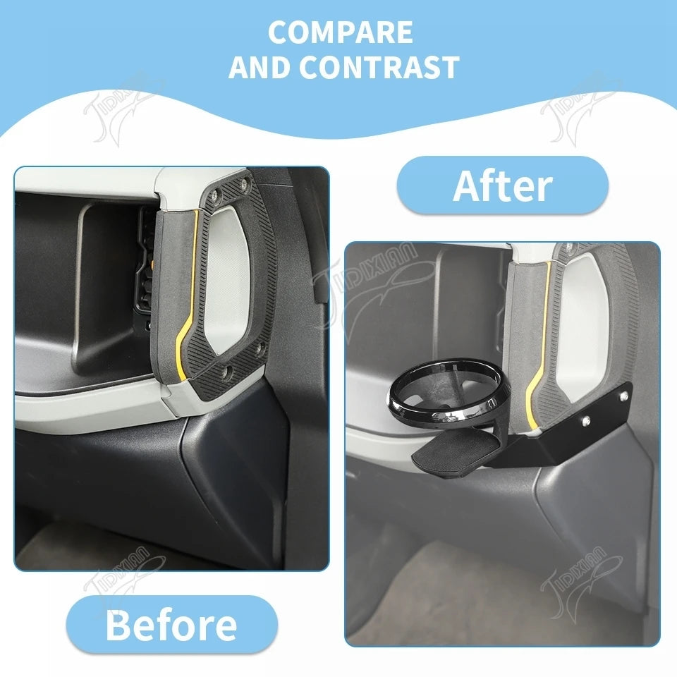 Comparison of a Ford Bronco A-Pillar handle cup holder before and after installation.