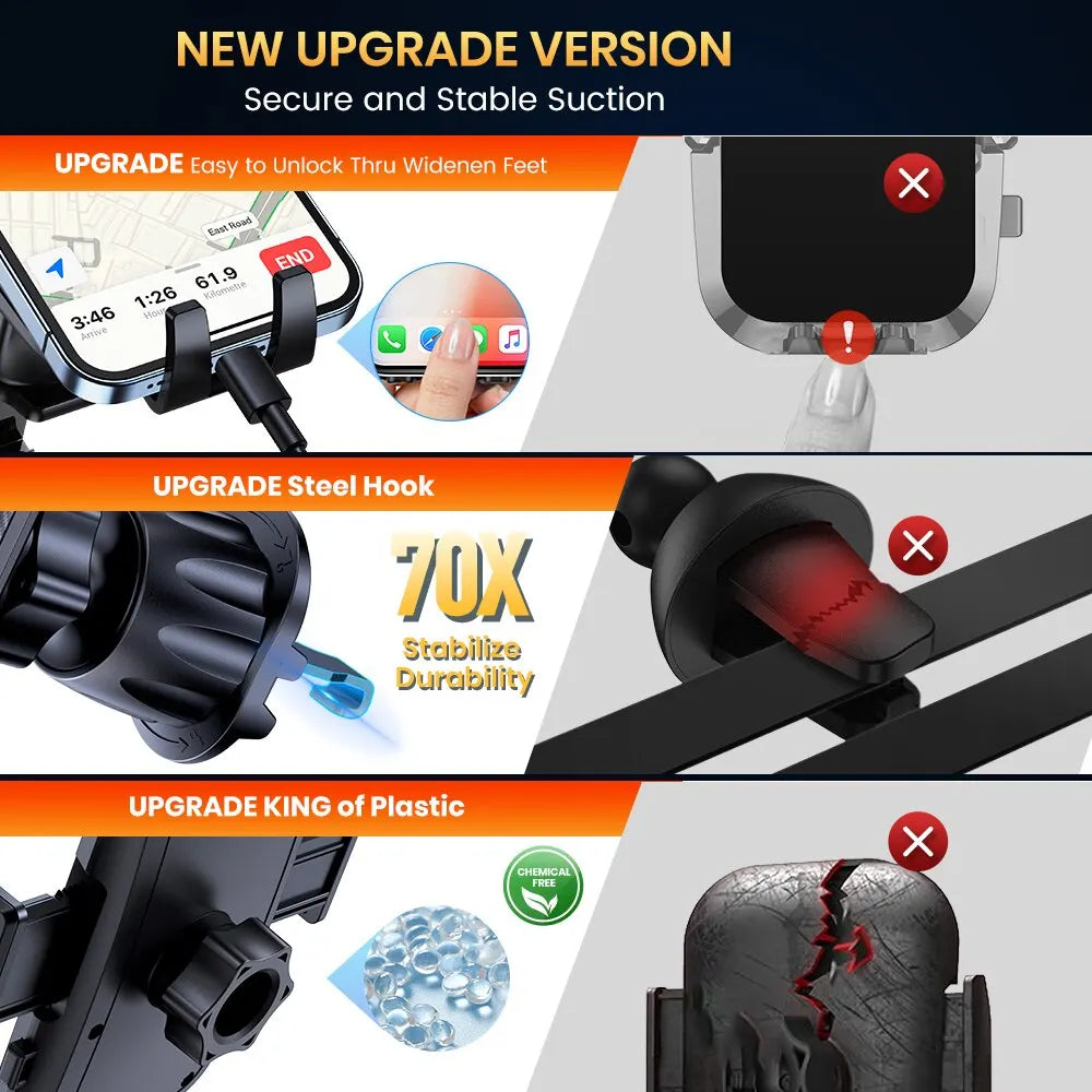 Various upgrade versions of an adjustable car vent phone mount showing durability and security features