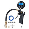 A digital tire pressure gauge with an inflator and quick connect coupler is shown, featuring a black gauge body and brass fit