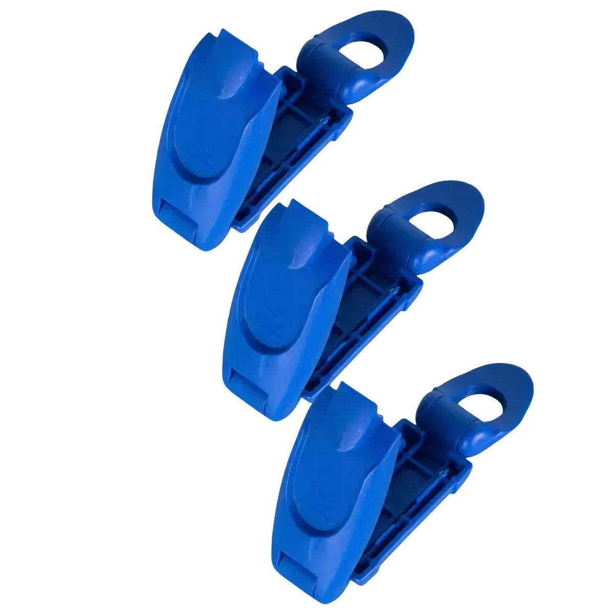 A close-up view of a bright blue comfort-adjustable seat belt clip.