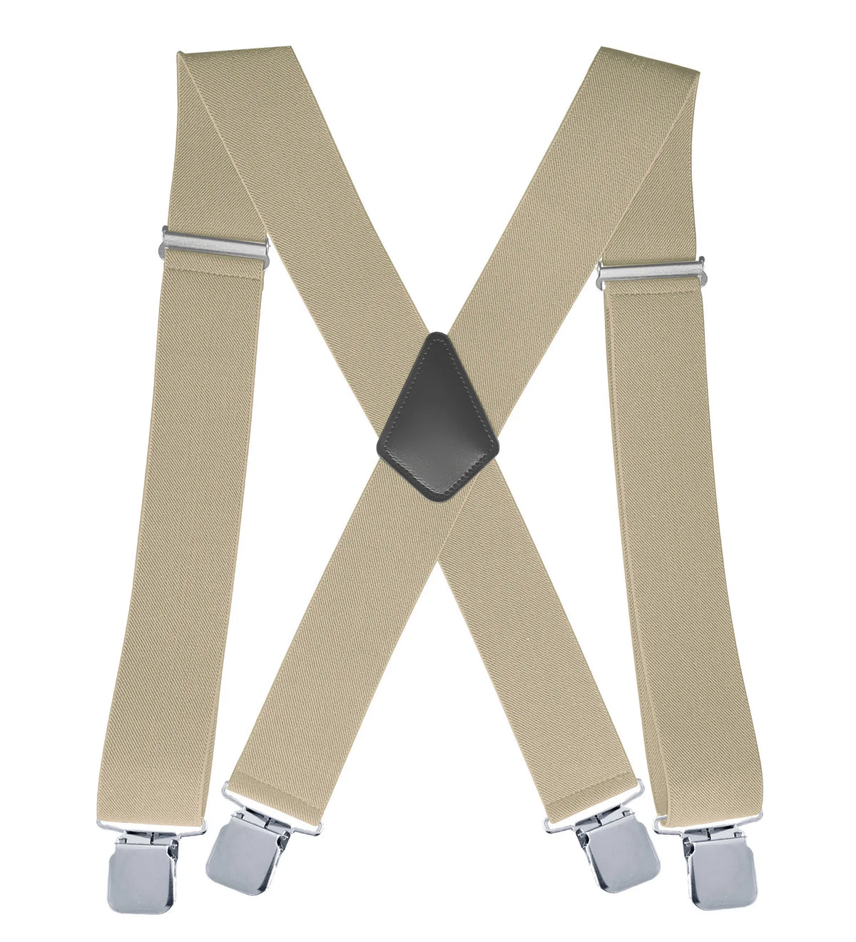 Ein Paar beige, strapazierfähige Hosenträger für Herren, flach dargestellt.