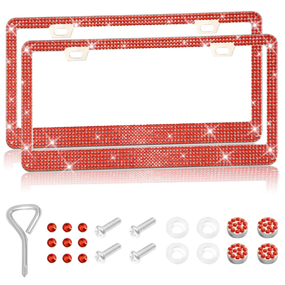 Red crystal rhinestone license plate frame with mounting brackets and a metal clip.