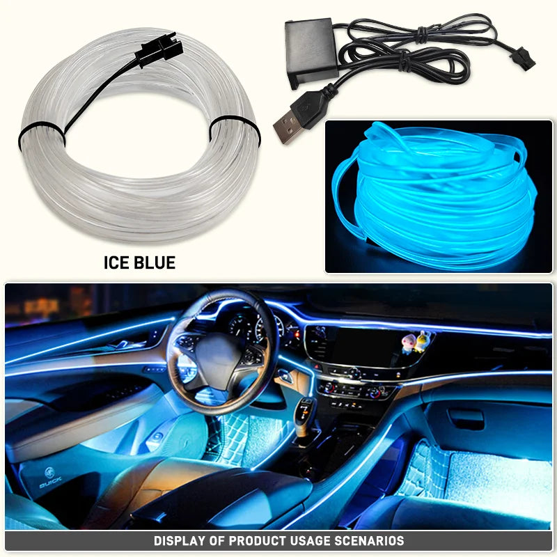 Flexible blue LED wiring strip used for car interior ambient lighting displays.