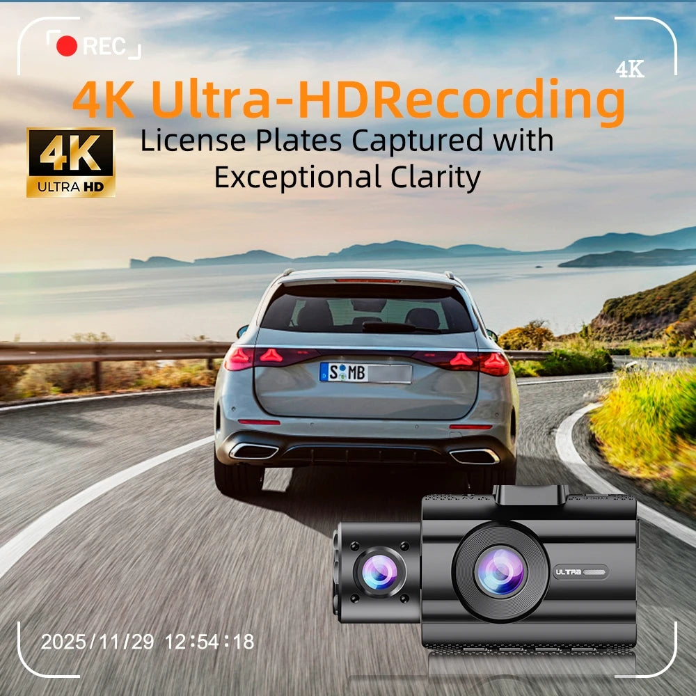 A silver car is driving on a scenic road, with a 4K dash camera mounted on the front bumper.