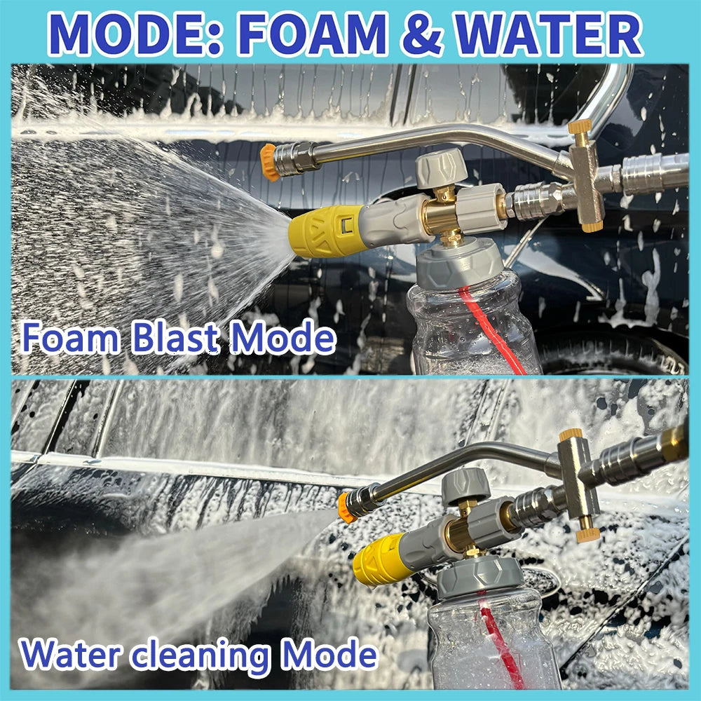 A pressure washer is shown in two modes: Foam Blast Mode and Water cleaning Mode, demonstrating the dual-outlet adapter.