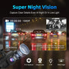 A car dash camera equipped with Super Night Vision features a 6-layer lens, F2.0 aperture, and 4 infrared lights.