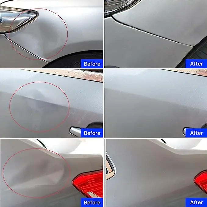 Before and after images showing the use of a plastic dent puller kit on a car's body panel.