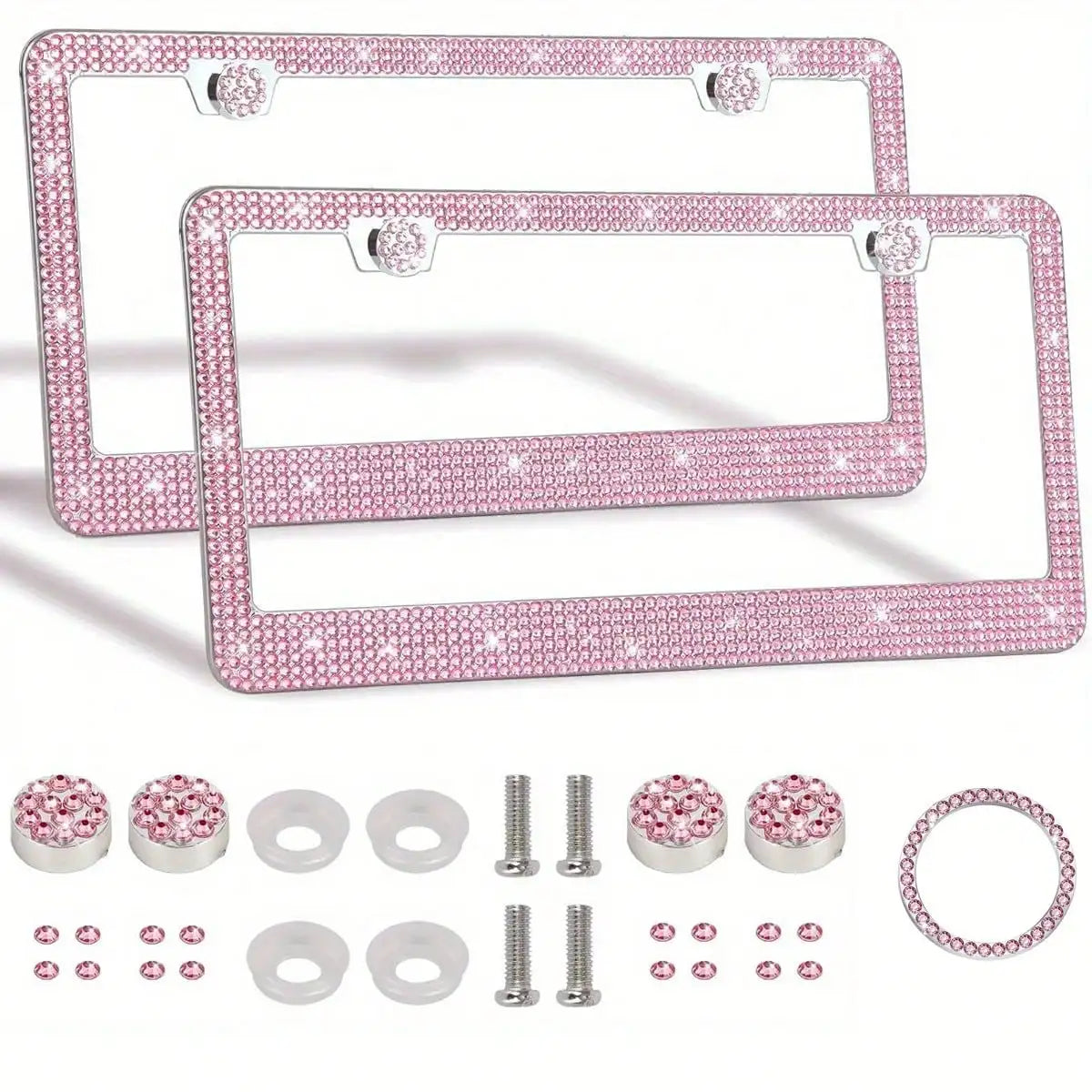 A set of pink rhinestone license plate frames and various loose rhinestones for crafting