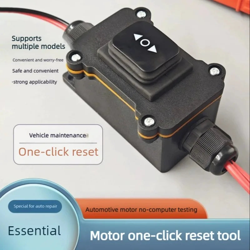 A black motor one-click reset tool for automotive applications shown with various features listed.