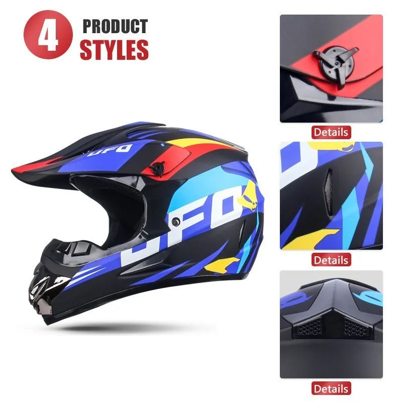 Un casque de moto tout-terrain noir avec accents bleu et jaune, vu de profil.