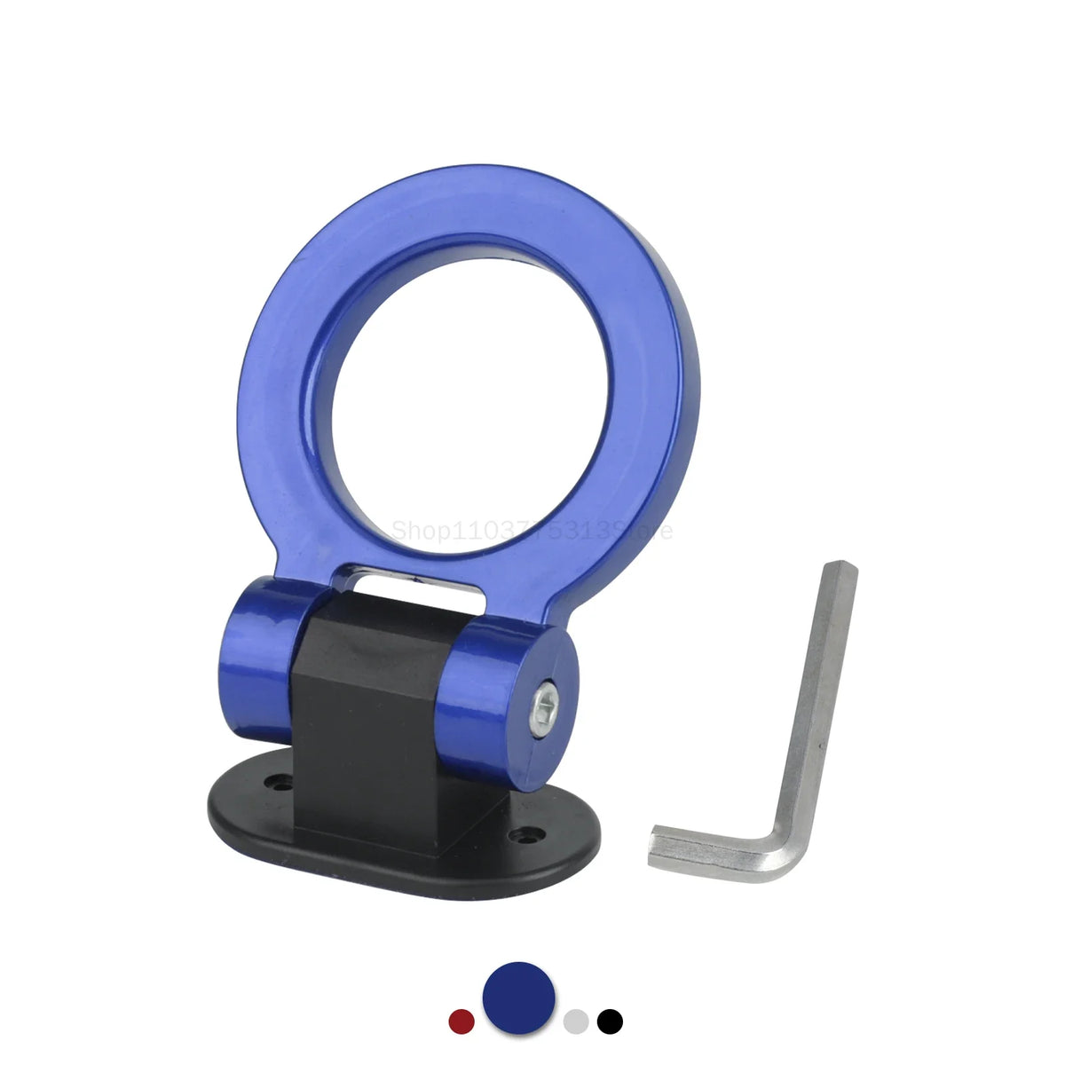 A blue decorative racing tow hook sticker with a metal mounting plate and a straight metal hook.