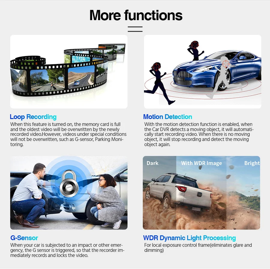 Enregistreur DVR automobile 1080P dual avec vision nocturne HD, enregistrement en boucle, détection de mouvement et fonctions