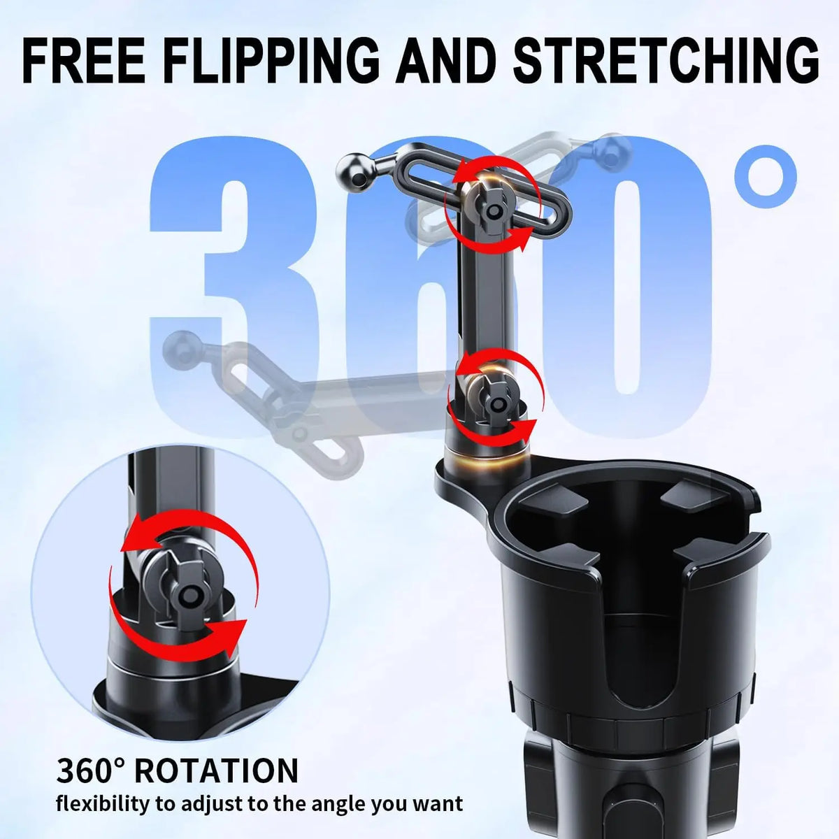 A close-up view of an adjustable cup holder phone mount demonstrating 360 degree rotation and flexibility.