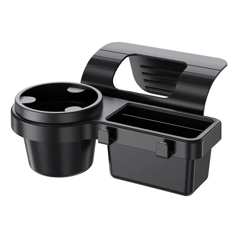 Black multi-purpose car door storage organizer with a cup holder and phone mount.