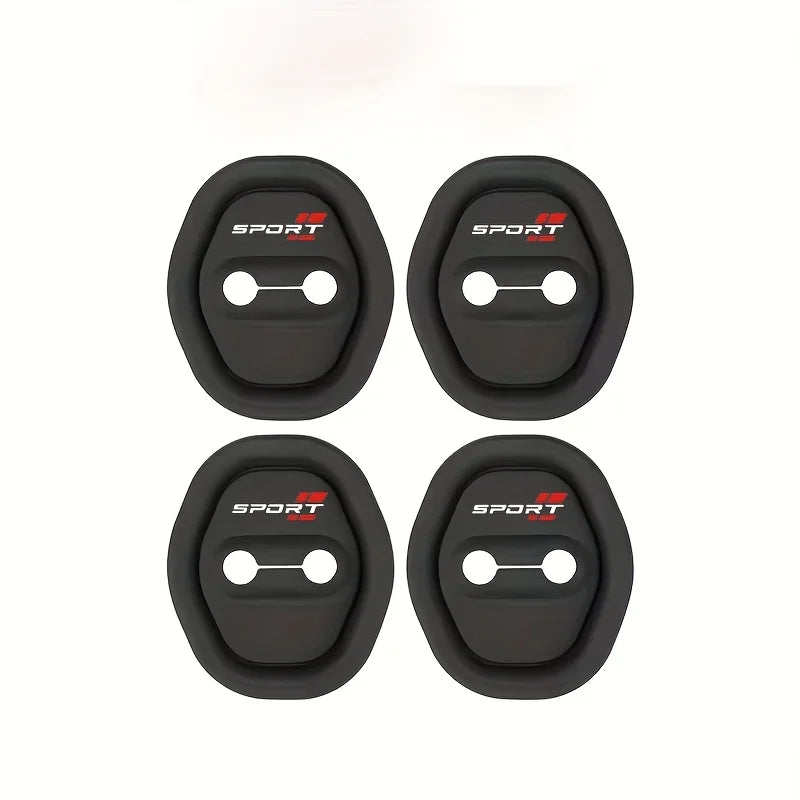 A set of four black door lock protectors with red SPORT branding for universal car doors.