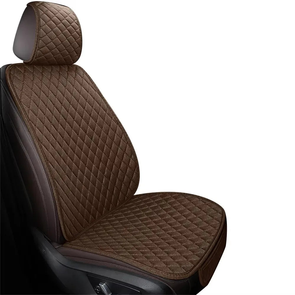 A close-up view of a dark brown quilted car seat and floor mat.