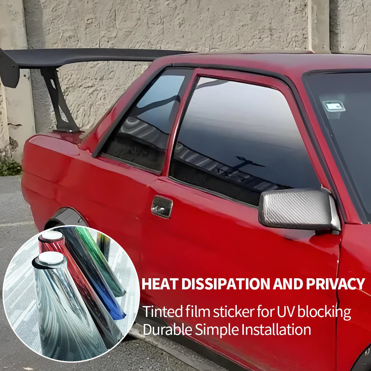 Red car with tinted windows showing a heat dissipation and privacy film sticker installation