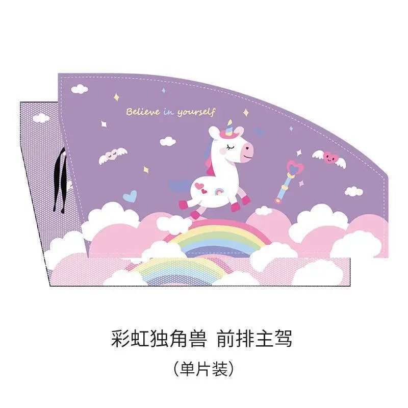 A purple double-layer car window shade featuring a unicorn design and the text Believe in yourself.