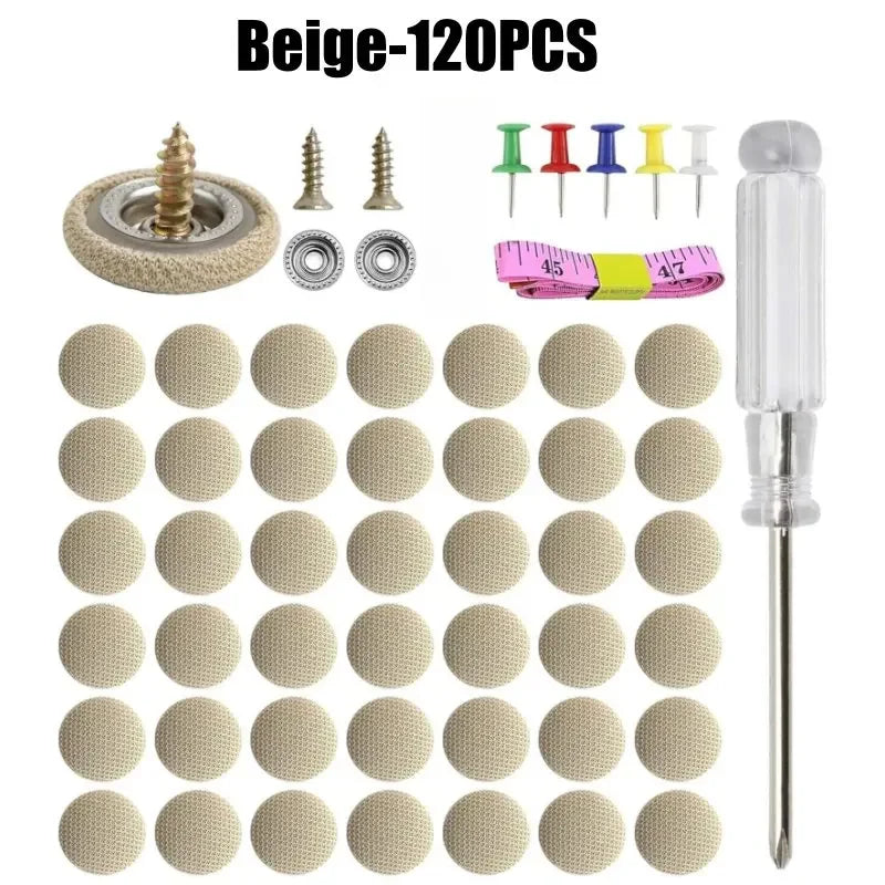 A collection of beige interior trim clips and fasteners with screw caps for car roof installation.
