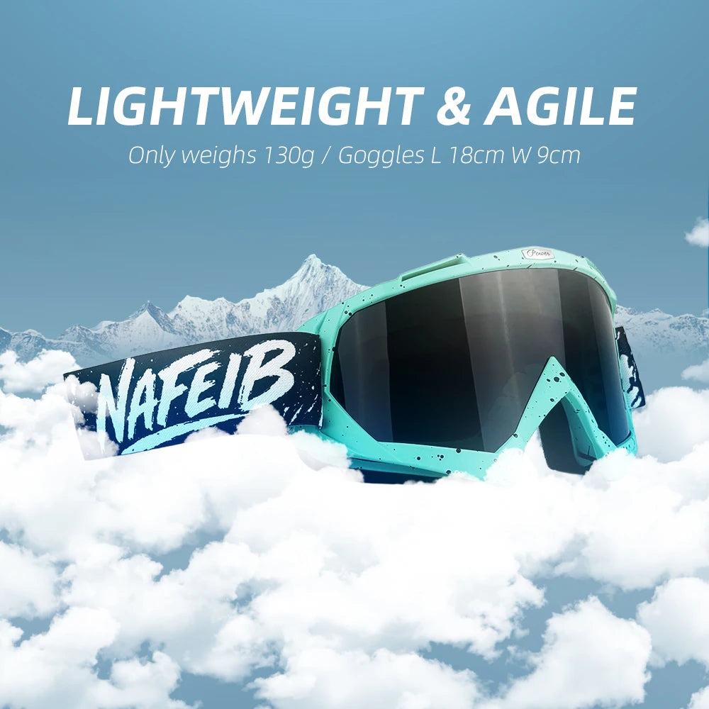 Ein Paar türkisblaue Motorrad- und Offroad-Goggles auf einer weißen Wolke vor blauem Himmel.