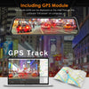 A laptop displays a GPS track on a map, next to a rearview mirror showing a street view with traffic.