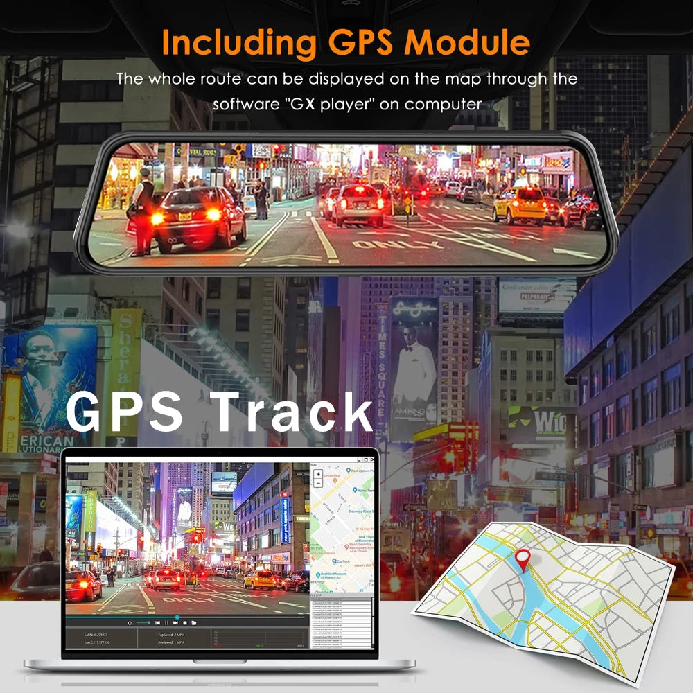 A laptop displays a GPS track on a map, next to a rearview mirror showing a street view with traffic.